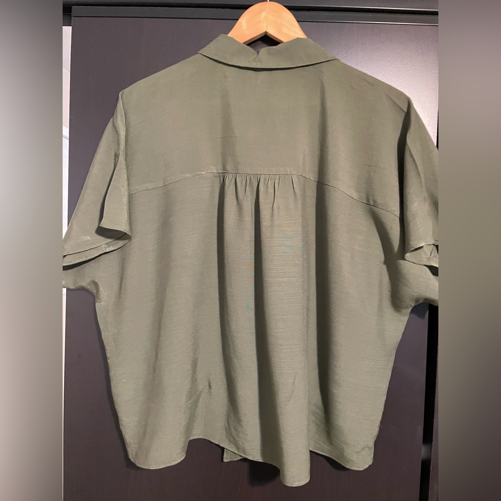Nine West - Women’s Olive Green Button-Up Tie Front Blouse - Picture 2 of 4